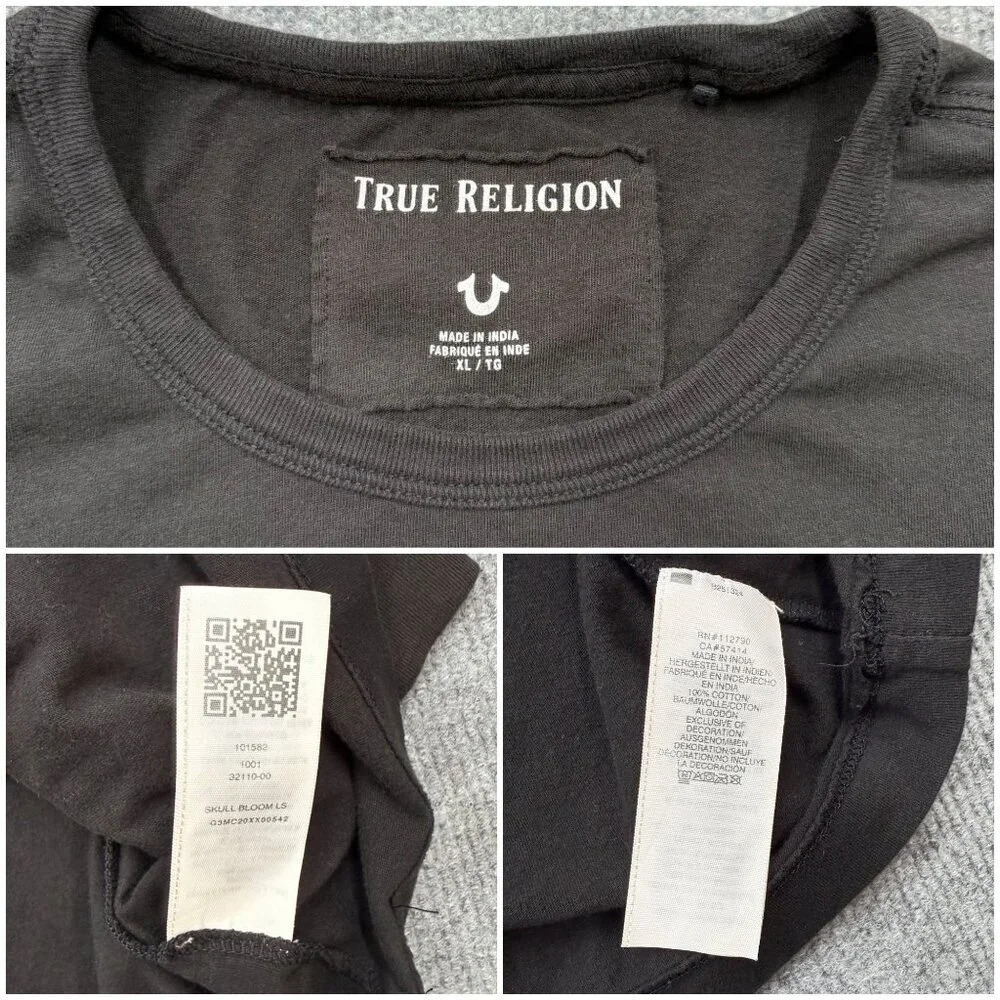 RARE True Religion Skull Bloom Flowers Sugar Skull Long Sleeve Tee Black Mens XL